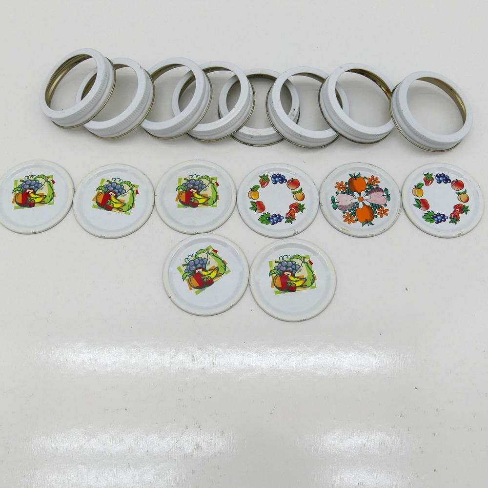 Lot of 8 Vintage Mason Jar Lids & 8 Screw Bands Fruit Design Canning Lids Set